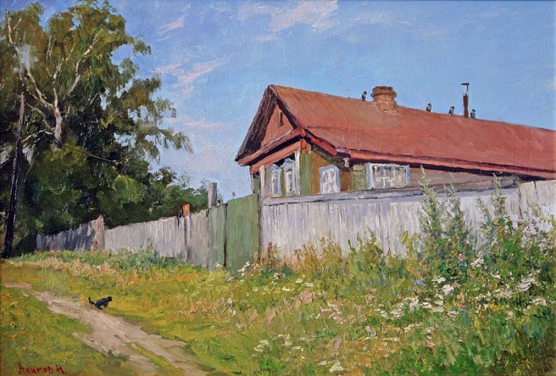 Домик в деревне МДФ, масло, 40х60
