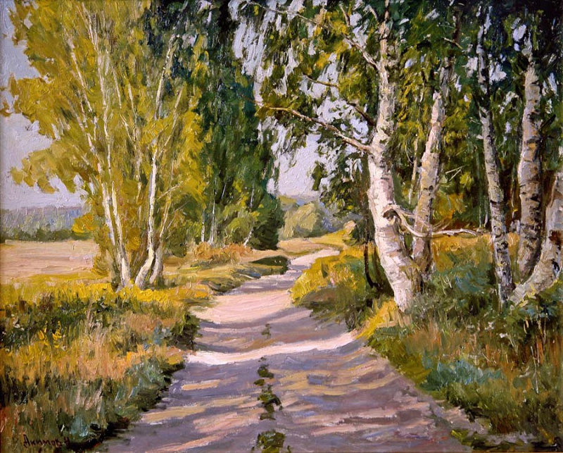 Берёзы у дороги МДФ, масло, 40х50